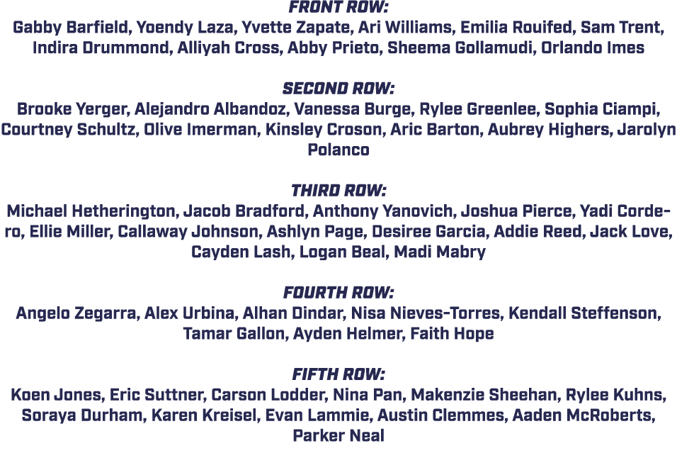 Front Row: Gabby Barfield, Yoendy Laza, Yvette Zapate, Ari Williams, Emilia Rouifed, Sam Trent, Indira Drummond, Alli...