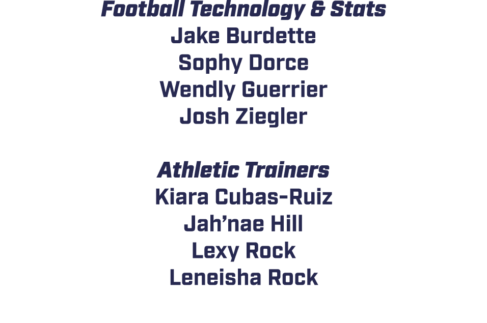 Football Technology & Stats Jake Burdette Sophy Dorce Wendly Guerrier Josh Ziegler Athletic Trainers Kiara Cubas Ruiz...