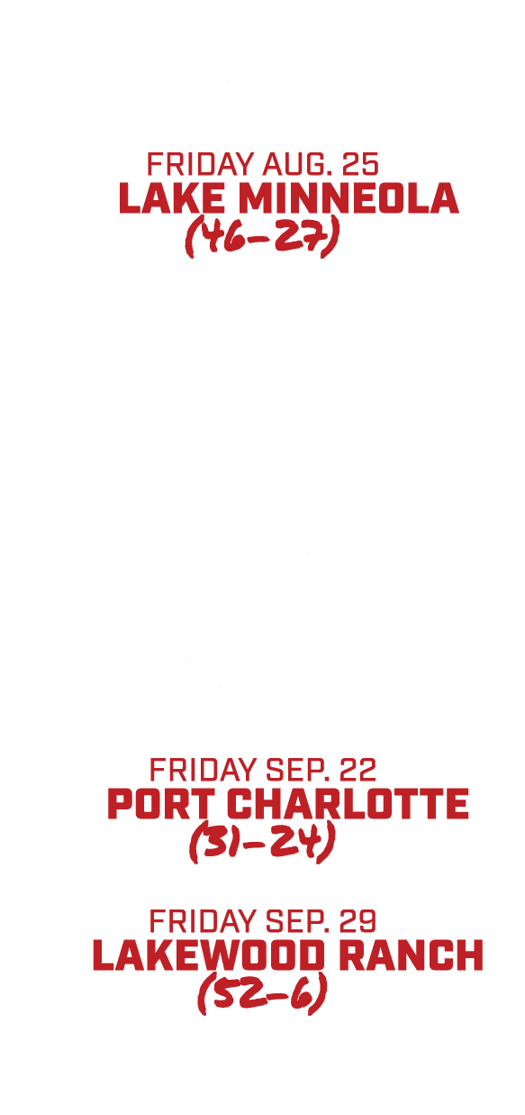friday aug. 18 W img academy (23 17) friday aug. 25 w lake minneola (46 27) Friday sep. 01 w sarasota (27 14) friday ...