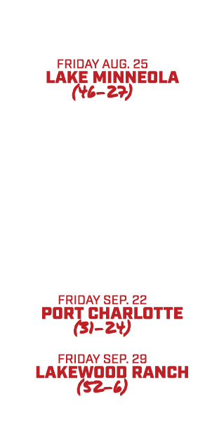 friday aug. 18 W img academy (23 17) friday aug. 25 w lake minneola (46 27) Friday sep. 01 w sarasota (27 14) friday ...