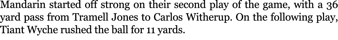 Mandarin started off strong on their second play of the game, with a 36 yard pass from Tramell Jones to Carlos Wither...