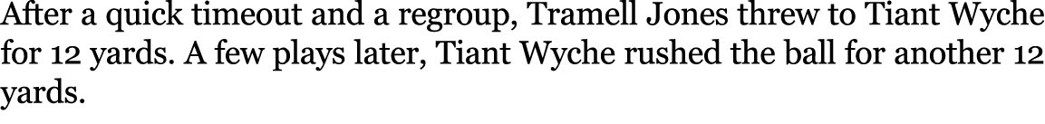 After a quick timeout and a regroup, Tramell Jones threw to Tiant Wyche for 12 yards. A few plays later, Tiant Wyche ...