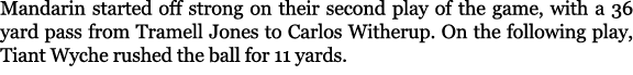 Mandarin started off strong on their second play of the game, with a 36 yard pass from Tramell Jones to Carlos Wither...
