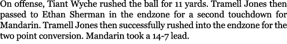 On offense, Tiant Wyche rushed the ball for 11 yards. Tramell Jones then passed to Ethan Sherman in the endzone for a...