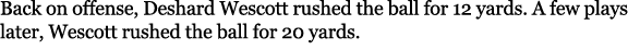 Back on offense, Deshard Wescott rushed the ball for 12 yards. A few plays later, Wescott rushed the ball for 20 yards.
