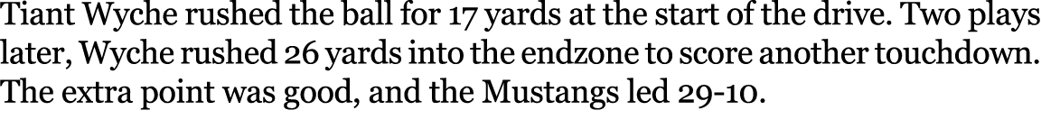 Tiant Wyche rushed the ball for 17 yards at the start of the drive. Two plays later, Wyche rushed 26 yards into the e...