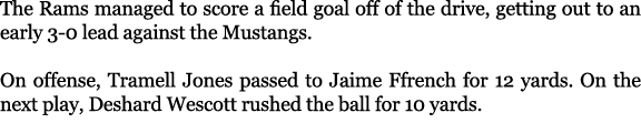 The Rams managed to score a field goal off of the drive, getting out to an early 3 0 lead against the Mustangs. On of...