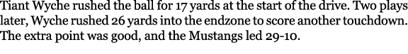 Tiant Wyche rushed the ball for 17 yards at the start of the drive. Two plays later, Wyche rushed 26 yards into the e...
