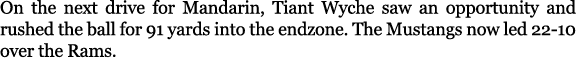 On the next drive for Mandarin, Tiant Wyche saw an opportunity and rushed the ball for 91 yards into the endzone. The...