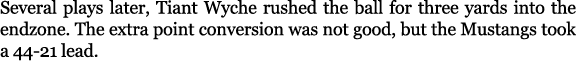 Several plays later, Tiant Wyche rushed the ball for three yards into the endzone. The extra point conversion was not...