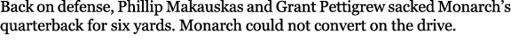 Back on defense, Phillip Makauskas and Grant Pettigrew sacked Monarch’s quarterback for six yards. Monarch could not ...