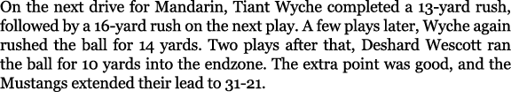 On the next drive for Mandarin, Tiant Wyche completed a 13 yard rush, followed by a 16 yard rush on the next play. A ...