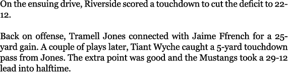 On the ensuing drive, Riverside scored a touchdown to cut the deficit to 22 12. Back on offense, Tramell Jones connec...