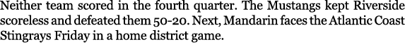 Neither team scored in the fourth quarter. The Mustangs kept Riverside scoreless and defeated them 50 20. Next, Manda...