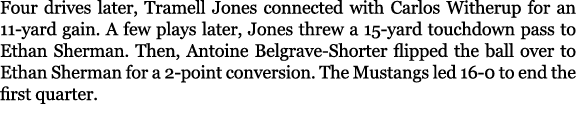 Four drives later, Tramell Jones connected with Carlos Witherup for an 11 yard gain. A few plays later, Jones threw a...