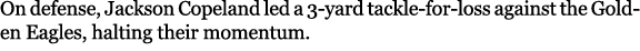 On defense, Jackson Copeland led a 3 yard tackle for loss against the Golden Eagles, halting their momentum. 