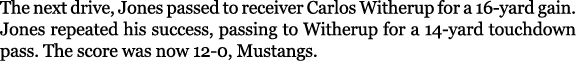 The next drive, Jones passed to receiver Carlos Witherup for a 16 yard gain. Jones repeated his success, passing to W...