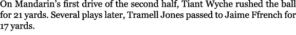 On Mandarin’s first drive of the second half, Tiant Wyche rushed the ball for 21 yards. Several plays later, Tramell ...