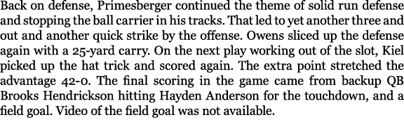 Back on defense, Primesberger continued the theme of solid run defense and stopping the ball carrier in his tracks. T...