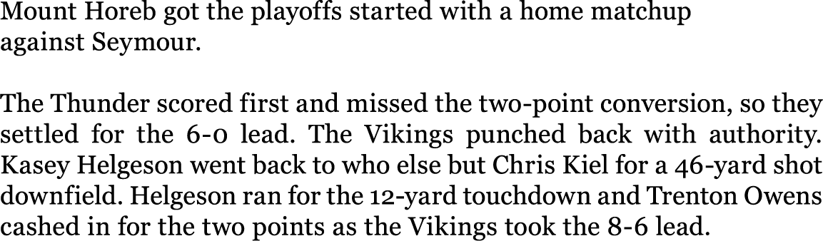 Mount Horeb got the playoffs started with a home matchup against Seymour. The Thunder scored first and missed the two...