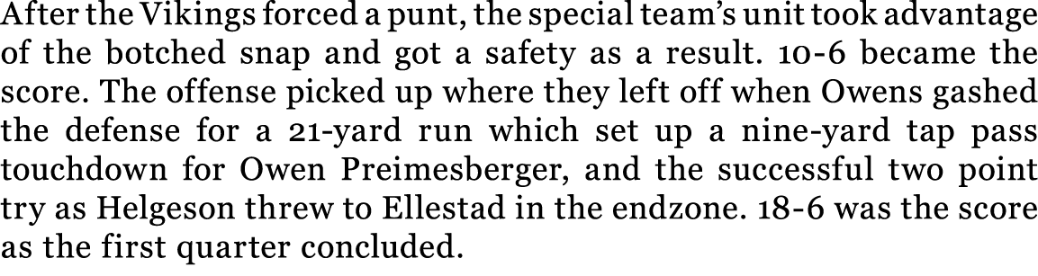After the Vikings forced a punt, the special team’s unit took advantage of the botched snap and got a safety as a res...