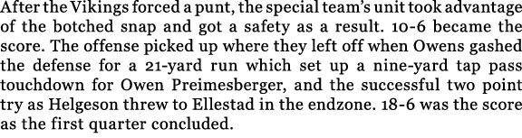 After the Vikings forced a punt, the special team’s unit took advantage of the botched snap and got a safety as a res...