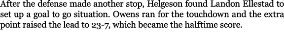 After the defense made another stop, Helgeson found Landon Ellestad to set up a goal to go situation. Owens ran for t...