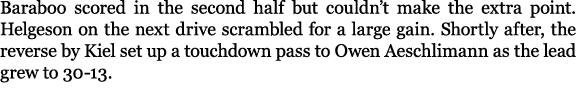Baraboo scored in the second half but couldn’t make the extra point. Helgeson on the next drive scrambled for a large...
