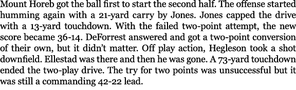 Mount Horeb got the ball first to start the second half. The offense started humming again with a 21 yard carry by Jo...