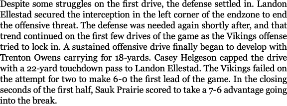 Despite some struggles on the first drive, the defense settled in. Landon Ellestad secured the interception in the le...