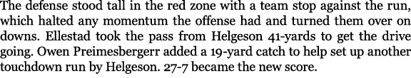 The defense stood tall in the red zone with a team stop against the run, which halted any momentum the offense had an...