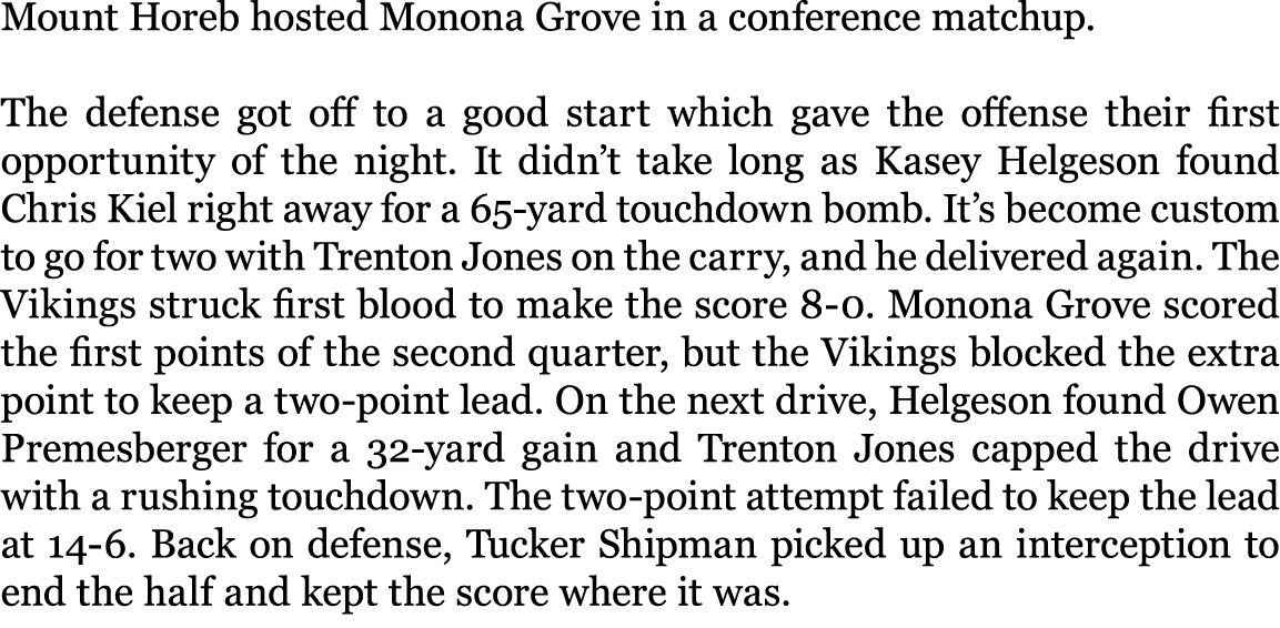 Mount Horeb hosted Monona Grove in a conference matchup. The defense got off to a good start which gave the offense t...