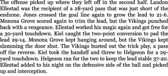 The offense picked up where they left off in the second half. Landon Ellestad was the recipient of a 28 yard pass tha...