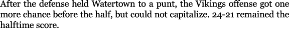 After the defense held Watertown to a punt, the Vikings offense got one more chance before the half, but could not ca...