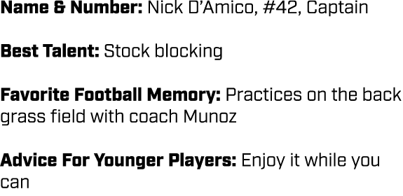 Name & Number: Nick D’Amico, #42, Captain Best Talent: Stock blocking Favorite Football Memory: Practices on the back...