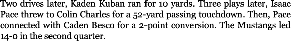 Two drives later, Kaden Kuban ran for 10 yards. Three plays later, Isaac Pace threw to Colin Charles for a 52 yard pa...
