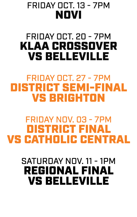 friday oct. 13 - 7pm novi friday oct. 20 - 7pm KLAA CROSSOVER VS belleville friday oct. 27 - 7pm district semi-final ...