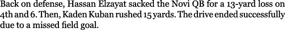 Back on defense, Hassan Elzayat sacked the Novi QB for a 13 yard loss on 4th and 6. Then, Kaden Kuban rushed 15 yards...