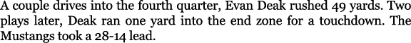 A couple drives into the fourth quarter, Evan Deak rushed 49 yards. Two plays later, Deak ran one yard into the end z...