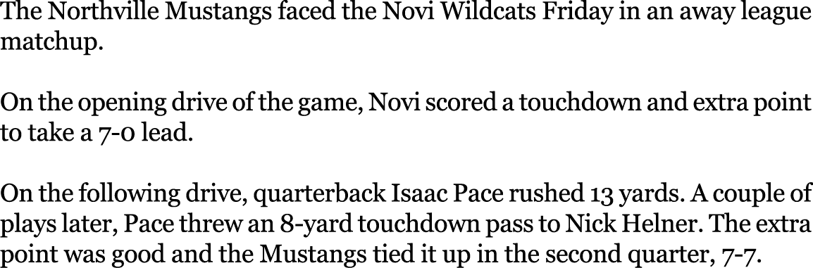 The Northville Mustangs faced the Novi Wildcats Friday in an away league matchup. On the opening drive of the game, N...