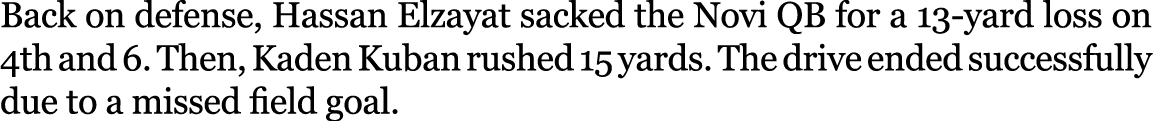 Back on defense, Hassan Elzayat sacked the Novi QB for a 13 yard loss on 4th and 6. Then, Kaden Kuban rushed 15 yards...