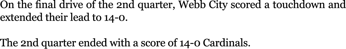 On the final drive of the 2nd quarter, Webb City scored a touchdown and extended their lead to 14 0. The 2nd quarter ...