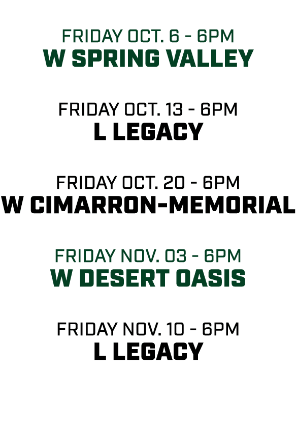  friday oct. 6 6pm w Spring Valley friday oct. 13 6pm l legacy friday oct. 20 6pm w Cimarron Memorial friday nov. 03 ...