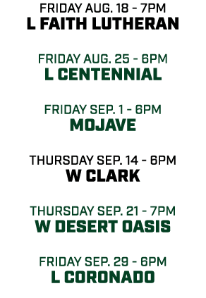 friday aug. 18 7pm l Faith Lutheran friday aug. 25 6pm l Centennial friday sep. 1 6pm mojave THursday sep. 14 6pm w c...