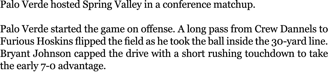 Palo Verde hosted Spring Valley in a conference matchup. Palo Verde started the game on offense. A long pass from Cre...