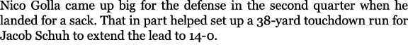 Nico Golla came up big for the defense in the second quarter when he landed for a sack. That in part helped set up a ...