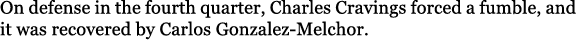On defense in the fourth quarter, Charles Cravings forced a fumble, and it was recovered by Carlos Gonzalez Melchor.