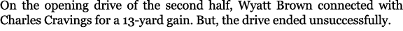 On the opening drive of the second half, Wyatt Brown connected with Charles Cravings for a 13 yard gain. But, the dri...