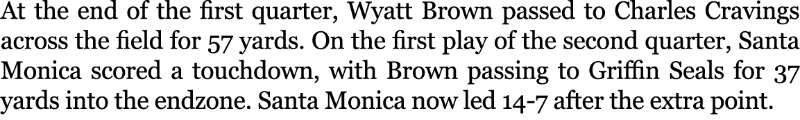 At the end of the first quarter, Wyatt Brown passed to Charles Cravings across the field for 57 yards. On the first p...