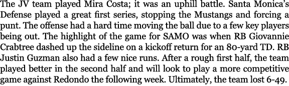 The JV team played Mira Costa; it was an uphill battle. Santa Monica’s Defense played a great first series, stopping ...